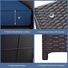 4 Piece Rattan Patio Set with Storage, Two Loveseats, Lift Top Corner Box and Glass Coffee Table, Navy Cushions