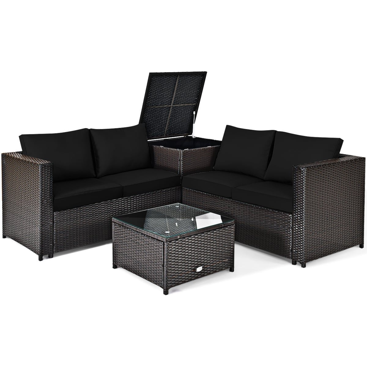4 Piece Wicker Patio Set with Storage Box, Two Loveseats, Lift Top Corner Table and Glass Coffee Table, Black