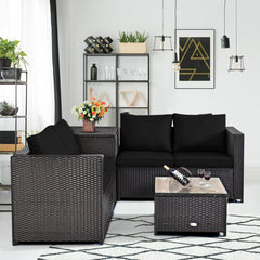 4 Piece Wicker Patio Set with Storage Box, Two Loveseats, Lift Top Corner Table and Glass Coffee Table, Black
