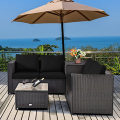 4 Piece Wicker Patio Set with Storage Box, Two Loveseats, Lift Top Corner Table and Glass Coffee Table, Black