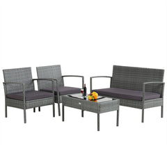 4 Piece Patio Rattan Conversation Set, Grey Wicker Loveseat Rated 800 lb, 2 Single Sofas Rated 400 lb, Grey Cushions and Glass Table