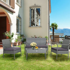 4 Piece Patio Rattan Conversation Set, Grey Wicker Loveseat Rated 800 lb, 2 Single Sofas Rated 400 lb, Grey Cushions and Glass Table