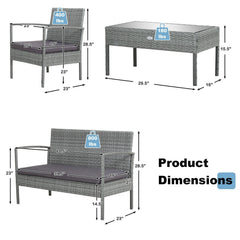 4 Piece Patio Rattan Conversation Set, Grey Wicker Loveseat Rated 800 lb, 2 Single Sofas Rated 400 lb, Grey Cushions and Glass Table