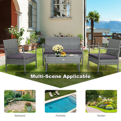 4 Piece Patio Rattan Conversation Set, Grey Wicker Loveseat Rated 800 lb, 2 Single Sofas Rated 400 lb, Grey Cushions and Glass Table