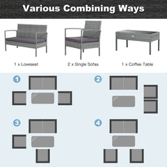 4 Piece Patio Rattan Conversation Set, Grey Wicker Loveseat Rated 800 lb, 2 Single Sofas Rated 400 lb, Grey Cushions and Glass Table