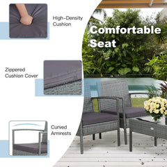 4 Piece Patio Rattan Conversation Set, Grey Wicker Loveseat Rated 800 lb, 2 Single Sofas Rated 400 lb, Grey Cushions and Glass Table