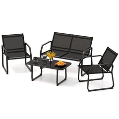 4 Piece Patio Sling Conversation Set, Loveseat Rated 660 lb, 2 Chairs Rated 330 lb and a 35.5 in Glass Top Coffee Table, Black