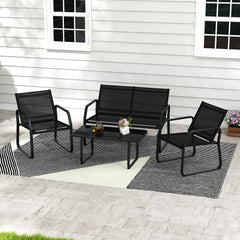 4 Piece Patio Sling Conversation Set, Loveseat Rated 660 lb, 2 Chairs Rated 330 lb and a 35.5 in Glass Top Coffee Table, Black