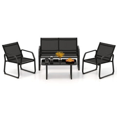 4 Piece Patio Sling Conversation Set, Loveseat Rated 660 lb, 2 Chairs Rated 330 lb and a 35.5 in Glass Top Coffee Table, Black