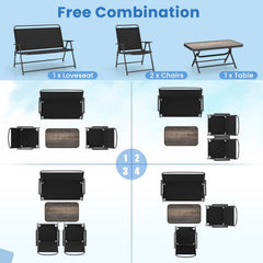 4 Piece Folding Patio Conversation Set, Sling Loveseat Rated 800 lb, 2 Folding Chairs Rated 400 lb and a 35 in SPC Top Table, Black