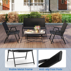 4 Piece Folding Patio Conversation Set, Sling Loveseat Rated 800 lb, 2 Folding Chairs Rated 400 lb and a 35 in SPC Top Table, Black