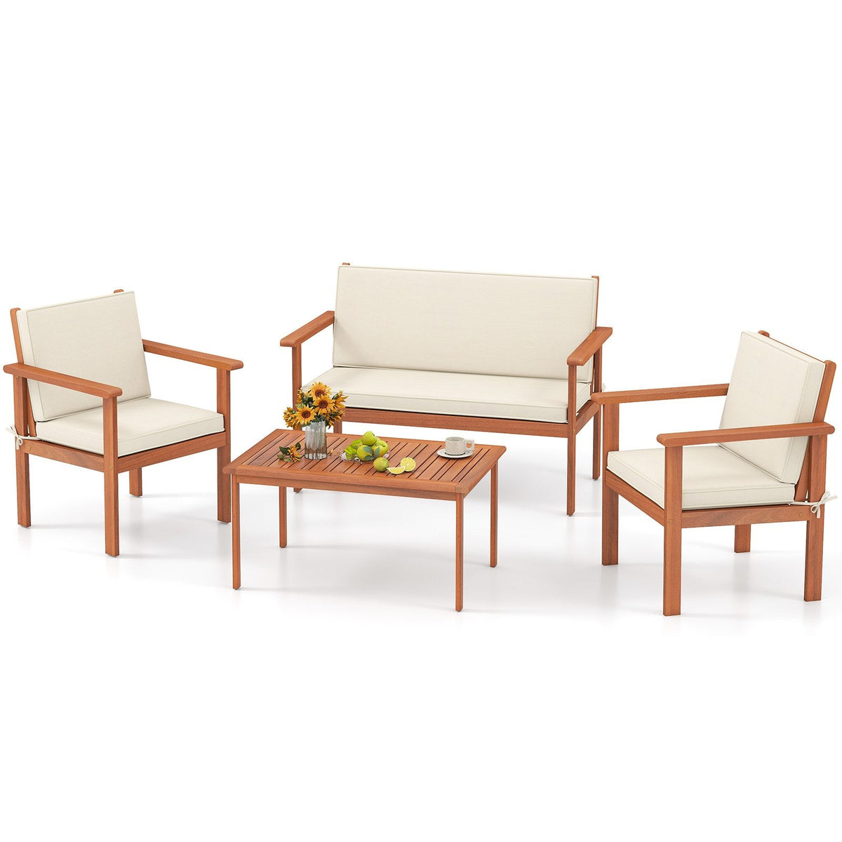 4 Piece Acacia Wood Patio Conversation Set with Cushions and Coffee Table, Off White
