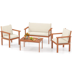 4 Piece Acacia Wood Patio Conversation Set with Cushions and Coffee Table, Off White