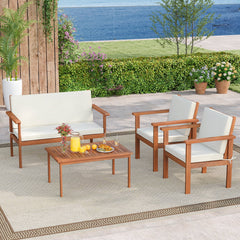 4 Piece Acacia Wood Patio Conversation Set with Cushions and Coffee Table, Off White