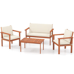 4 Piece Acacia Wood Patio Conversation Set with Cushions and Coffee Table, Off White