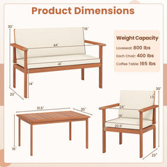 4 Piece Acacia Wood Patio Conversation Set with Cushions and Coffee Table, Off White