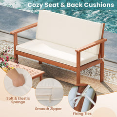 4 Piece Acacia Wood Patio Conversation Set with Cushions and Coffee Table, Off White