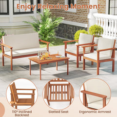 4 Piece Acacia Wood Patio Conversation Set with Cushions and Coffee Table, Off White