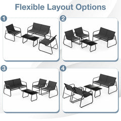 4 Piece Sling Fabric Patio Conversation Set with Glass Coffee Table, Black