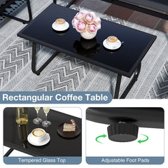 4 Piece Sling Fabric Patio Conversation Set with Glass Coffee Table, Black