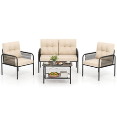 4 Piece Patio Conversation Set with Rope Armrests, Cushions and 2 Tier Glass Table, Beige