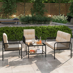 4 Piece Patio Conversation Set with Rope Armrests, Cushions and 2 Tier Glass Table, Beige