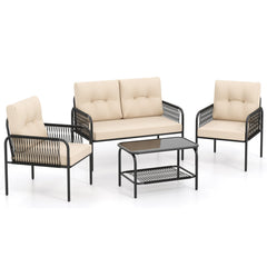 4 Piece Patio Conversation Set with Rope Armrests, Cushions and 2 Tier Glass Table, Beige