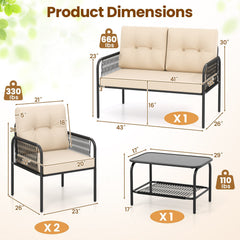 4 Piece Patio Conversation Set with Rope Armrests, Cushions and 2 Tier Glass Table, Beige