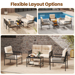 4 Piece Patio Conversation Set with Rope Armrests, Cushions and 2 Tier Glass Table, Beige