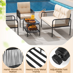 4 Piece Patio Conversation Set with Rope Armrests, Cushions and 2 Tier Glass Table, Beige