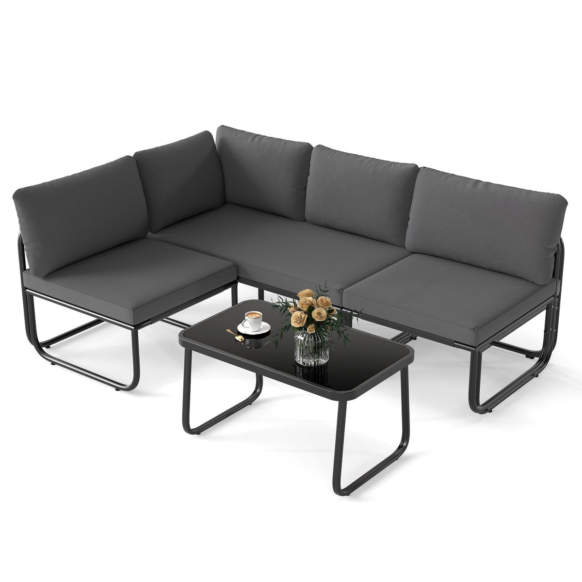 4 Piece Low Profile Patio Sectional Conversation Set with Glass Coffee Table, Gray