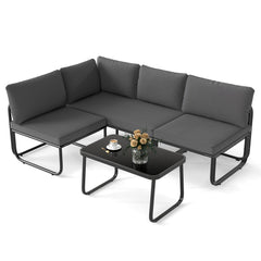 4 Piece Low Profile Patio Sectional Conversation Set with Glass Coffee Table, Gray