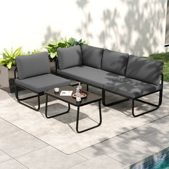 4 Piece Low Profile Patio Sectional Conversation Set with Glass Coffee Table, Gray