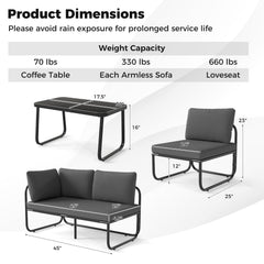 4 Piece Low Profile Patio Sectional Conversation Set with Glass Coffee Table, Gray