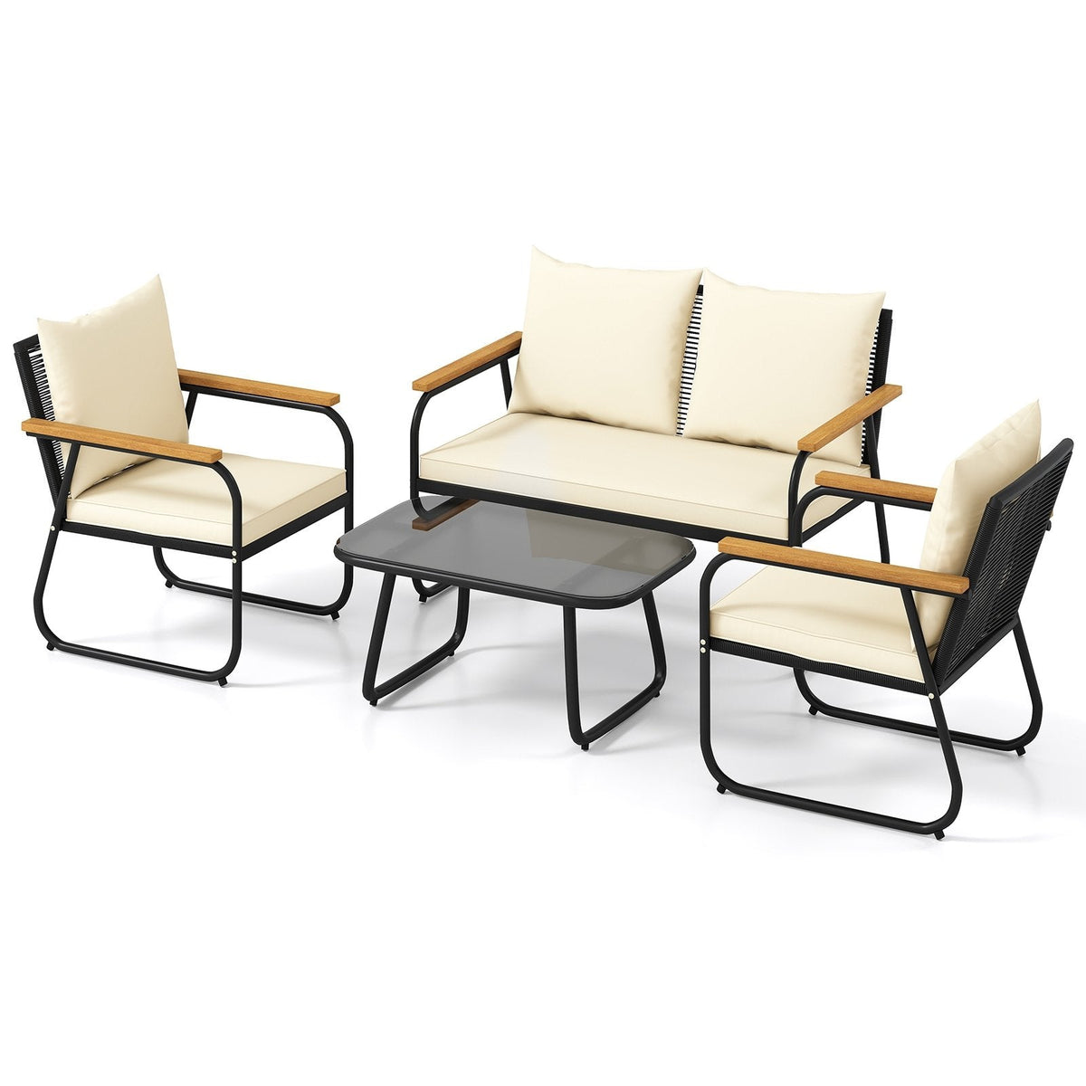 4 Piece Patio Conversation Set with Acacia Armrests, Woven Backs and Glass Coffee Table, Cream