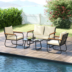 4 Piece Patio Conversation Set with Acacia Armrests, Woven Backs and Glass Coffee Table, Cream