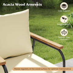 4 Piece Patio Conversation Set with Acacia Armrests, Woven Backs and Glass Coffee Table, Cream