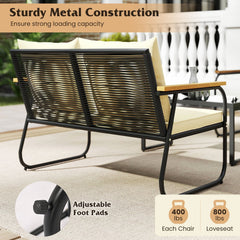 4 Piece Patio Conversation Set with Acacia Armrests, Woven Backs and Glass Coffee Table, Cream