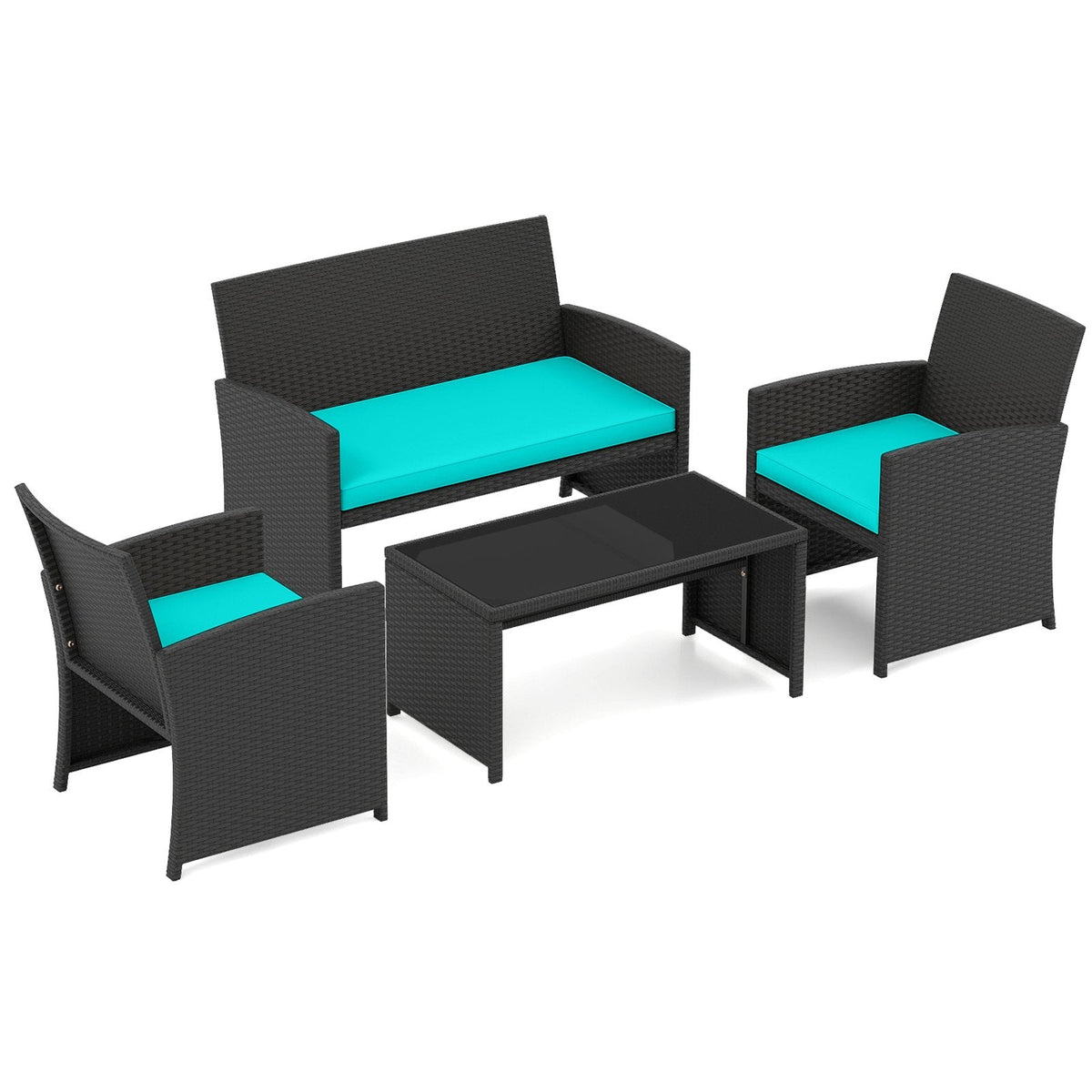 4 Piece Rattan Patio Conversation Set with Glass Coffee Table and Removable Cushions, Turquoise