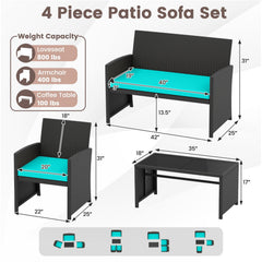 4 Piece Rattan Patio Conversation Set with Glass Coffee Table and Removable Cushions, Turquoise