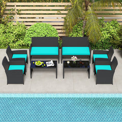 4 Piece Rattan Patio Conversation Set with Glass Coffee Table and Removable Cushions, Turquoise