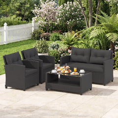 4 Piece Rattan Patio Conversation Set with 2 Tier Glass Coffee Table, Black