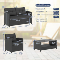 4 Piece Rattan Patio Conversation Set with 2 Tier Glass Coffee Table, Black