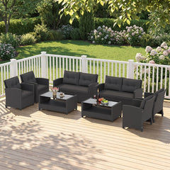 4 Piece Rattan Patio Conversation Set with 2 Tier Glass Coffee Table, Black