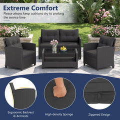 4 Piece Rattan Patio Conversation Set with 2 Tier Glass Coffee Table, Black