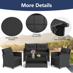 4 Piece Rattan Patio Conversation Set with 2 Tier Glass Coffee Table, Black