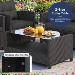 4 Piece Rattan Patio Conversation Set with 2 Tier Glass Coffee Table, Black