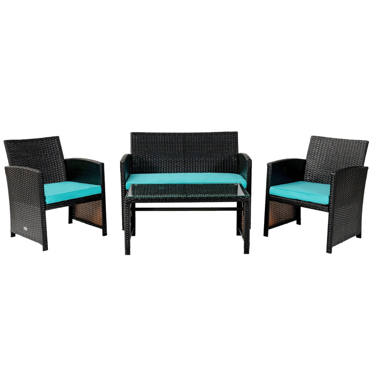 4 Piece Patio Rattan Cushioned Furniture Set with Loveseat, 2 Armchairs and Tempered Glass Coffee Table, Black Weave and Turquoise Cushions