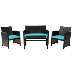 4 Piece Patio Rattan Cushioned Furniture Set with Loveseat, 2 Armchairs and Tempered Glass Coffee Table, Black Weave and Turquoise Cushions