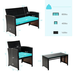 4 Piece Patio Rattan Cushioned Furniture Set with Loveseat, 2 Armchairs and Tempered Glass Coffee Table, Black Weave and Turquoise Cushions